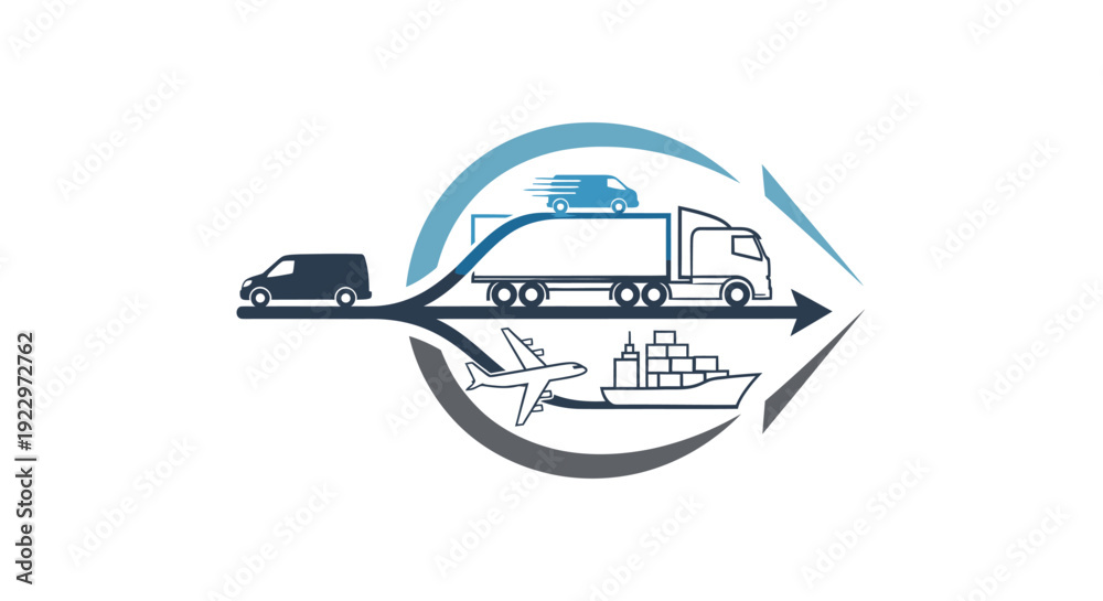 Fototapeta premium Global logistics network with a truck, airplane, and ship, representing efficient cargo transportation and supply chain management, isolated white background.