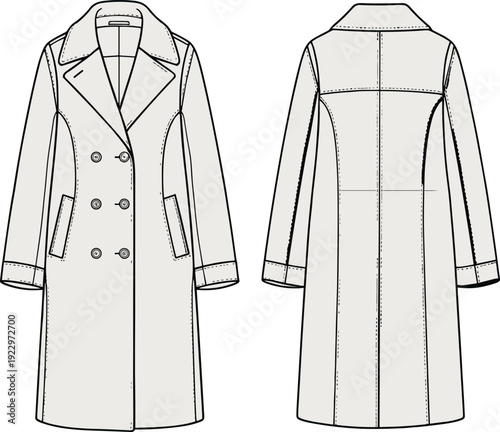 Double-breasted coat fashion illustration, garment technical drawing, tailored long jacket sketch, apparel front back view, clothing vector artwork, structured silhouette