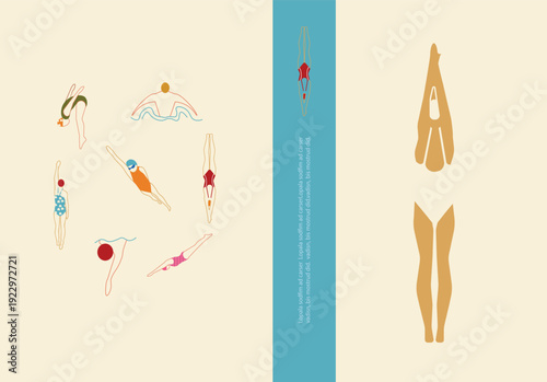 Minimal swimming posters with abstract swimmers and divers on a beige background. Modern flat illustration with playful movement, perfect for wall art, editorial design, sport branding, and contempora