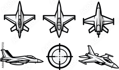 Fighter jet illustration set, military aircraft icons, aviation vector artwork, warplane silhouette graphics, tactical design elements, combat aviation symbol