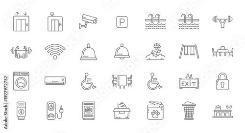 Collection of linear travel and hotel amenity icons in black and white
