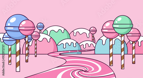 Candy land vector illustration with pink lollipop swirl road and pastel candy hills