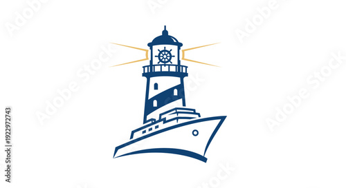 Blue Lighthouse and Ship Maritime Navigation Logo on Isolated White Background