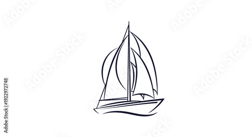 Abstract outline drawing of a sailboat, representing ocean voyages and marine adventure, isolated white background.