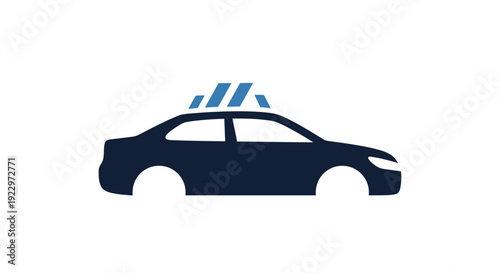 Dark blue silhouette of a police car with flashing lights, representing law enforcement and security services, isolated white background.