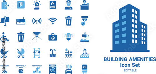 Professional Building Amenities Icon Set Featuring Editable Vector Symbols for Real Estate, Property Management, Residential Facilities, Apartment Features, Public Services, Security, and Urban 