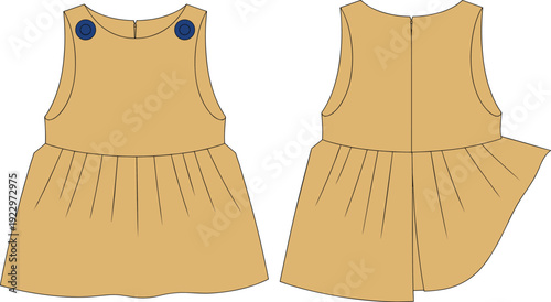 Flat vector technical sketch of sleeveless baby dress with front button detail, gathered skirt, round neckline, and back zipper closure.