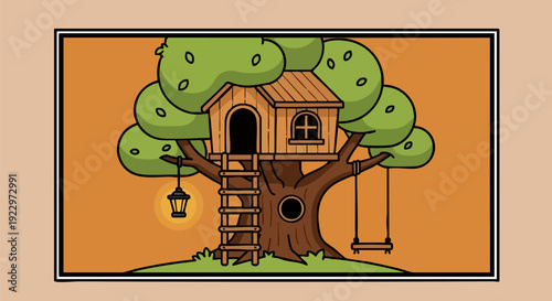 Cartoon treehouse with ladder, swing, and lantern on a tree trunk with green leaves, set against an orange background.