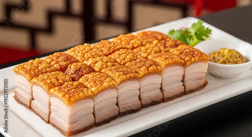 Crispy roasted pork belly slices served.