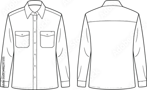 Flat vector technical sketch of men’s long sleeve shirt with front flap pockets and button placket, cad drawing fashion template