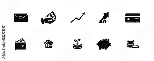 Finance icon set . including Envelope, Cash, Graph, Arrow, Card, Wallet, House, Plant, Piggy bank, Coins vector silhouette illustration.
