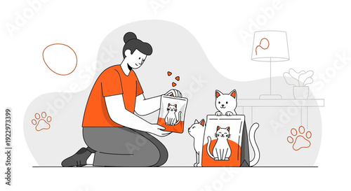 Woman feeding cats with pet food, illustration, love and care for animals