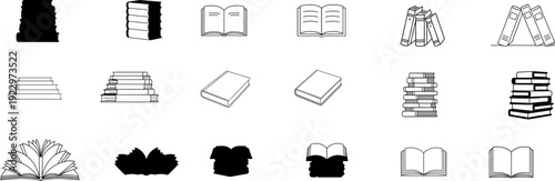 Different types of books and stacks of books arranged in a grid pattern showing various book designs and formats in simple outlines