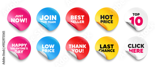 Just now sticker tag. Top 10, Best seller, Hot price banners. Just now tag. Special offer sign. Sale promotion symbol. Join our team sticker. Vector