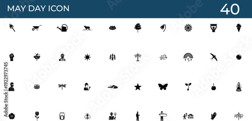 May Day icon set . including Shovel, Wheelbarrow, Watering can, Sheep, Nest, Tree, Flower, Sun, Fist, Butterfly vector silhouette illustration.

