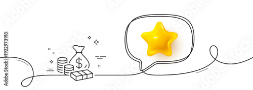 Money line icon. Continuous line with 3d star. Banknotes with coins sign. Dollar cash symbol. 3d star in speech bubble. Money single line ribbon. Loop curve pattern. Vector
