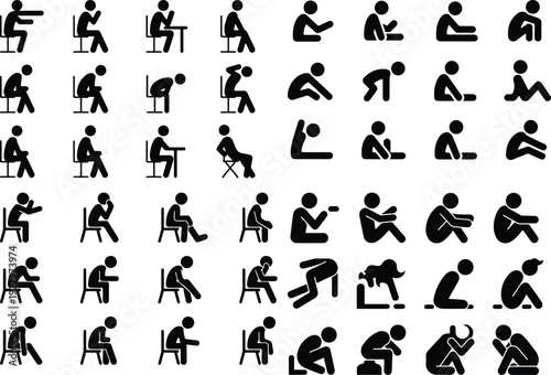 Sitting Postures Stick Figure Silhouette Icon Set 