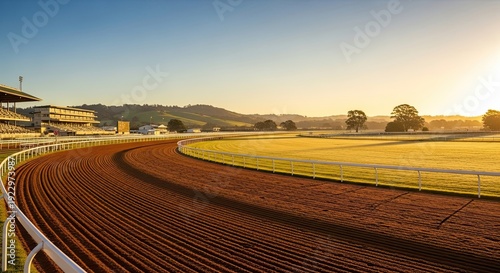 Race track at sunrise dirt course with empty stands and rolling hills