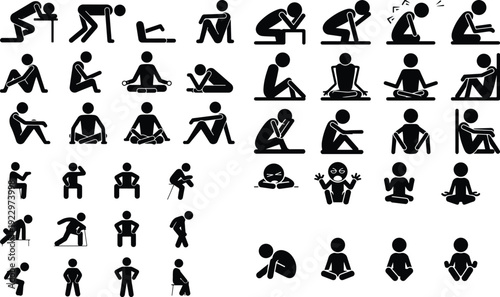 Sitting Postures Stick Figure Silhouette Icon Set 