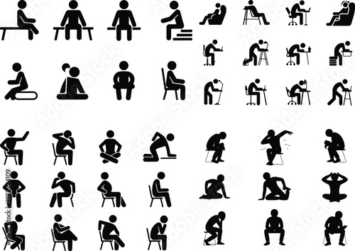 Sitting Postures Stick Figure Silhouette Icon Set 
