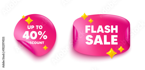 Discount tag sticker tag. Flash offer paper price banner. Up to 40 percent discount. Sale offer price sign. Special offer symbol. Save 40 percentages. Discount sticker with 3d glitter. Vector