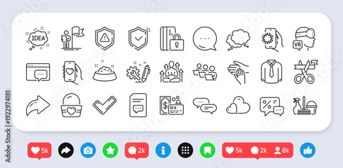 Augmented reality, Shirt and Leadership line icons pack. Social media: share, comment, like icons. Engineering, Discounts, Comments web icon. Vector