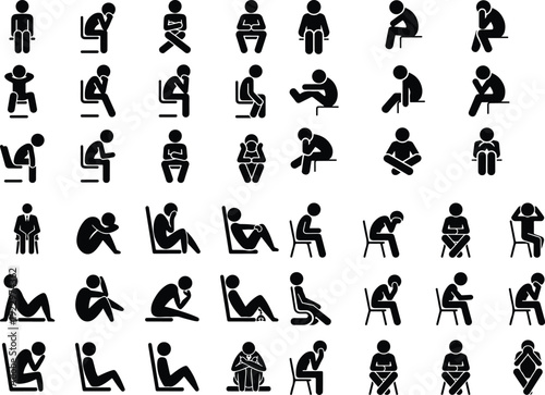 Sitting Postures Stick Figure Silhouette Icon Set 