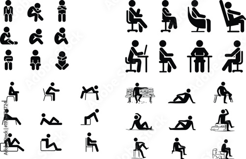 Sitting Postures Stick Figure Silhouette Icon Set 