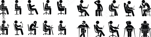Sitting Postures Stick Figure Silhouette Icon Set 