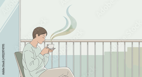 Woman Enjoying Hot Drink on Balcony, Calm Morning Scene, Soft Colors
