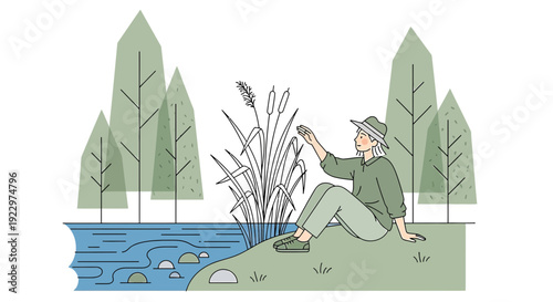 Woman Enjoying Nature by Serene Water Body and Tall Reeds