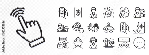 Voicemail, Interview job and Yoga line icons for web app. Glare of light effect. Message icon. Pack of Businessman, Electric app, Biometric security pictogram icons. Vector