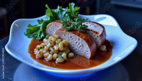 Gourmet dish featuring artfully sliced seitan on a glossy white plate garnished with vibrant greens and paired with a flavorful corn succotash drizzled in savory sauce
