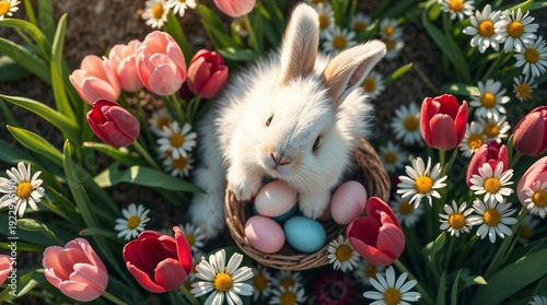 Adorable Easter Bunny Holding Basket of Pastel Eggs
