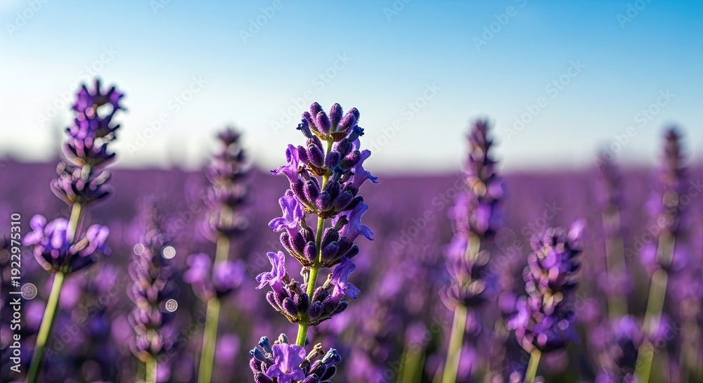Naklejka premium Vibrant Lavender Field Under a Clear Blue Sky.