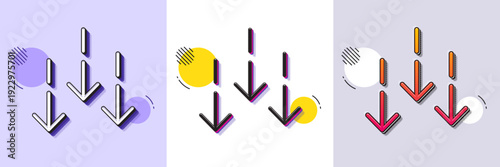 Scroll down arrow line icon. Halftone dotted pattern. Gradient icon with grain shadow. Scrolling screen sign. Swipe page. Line scroll down icon. Various designs. Vector