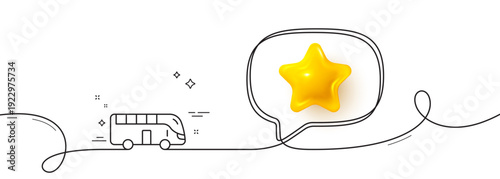 Bus tour transport line icon. Continuous line with 3d star. Transportation sign. Tourism or public vehicle symbol. 3d star in speech bubble. Bus tour single line ribbon. Loop curve pattern. Vector