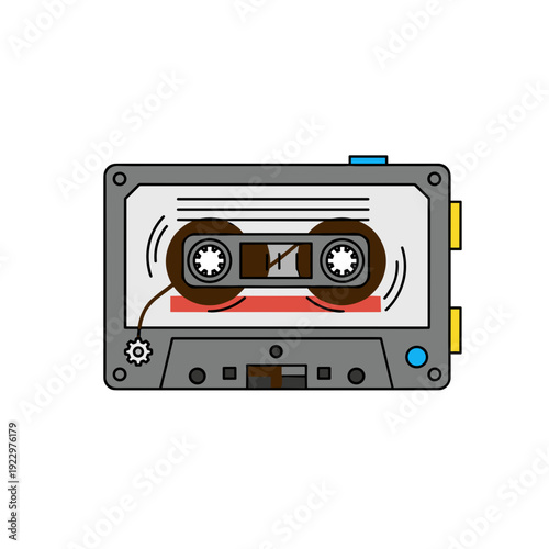 Close up of vintage audio cassette rewinding inside tape player isolated on white background. Concept of retro music technology and nostalgia