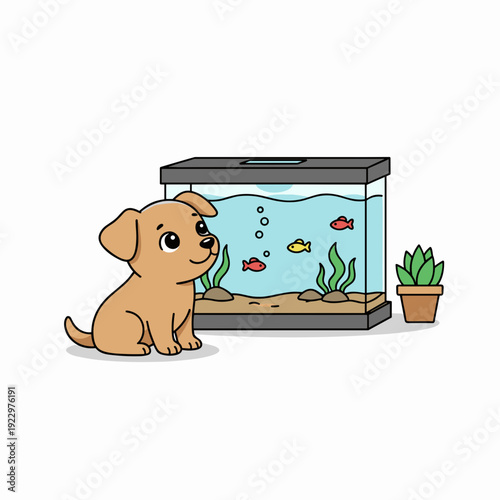 Curious puppy looking at aquarium fish tank with colorful fish isolated on white background. Concept of pet curiosity and home lifestyle
