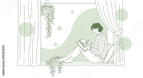 Woman Drawing in Window with Hanging Plants, Cozy Home Illustration