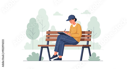 Woman Drawing in Park Bench, Creative Hobby, Outdoor Art Session