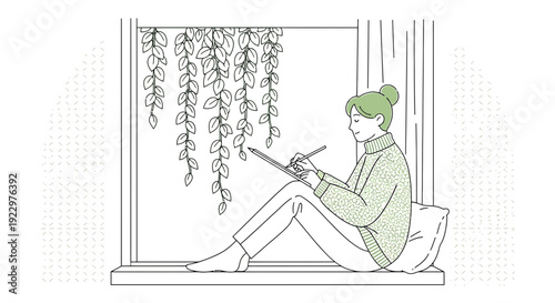Woman Drawing on Tablet by Window with Hanging Plants