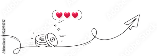 Coins money line icon. Continuous line with share plane. Banking currency sign. Euro and Dollar Cash symbols. Hearts rate review in speech bubble. Savings single line ribbon. Vector