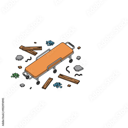 Empty medical stretcher surrounded by debris and rubble isolated on white background. Concept of disaster aftermath and emergency response