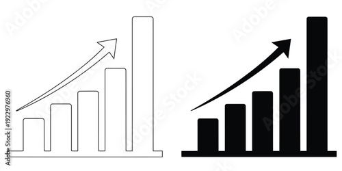 Bar chart with upward trending arrow icon set, outline and solid styles