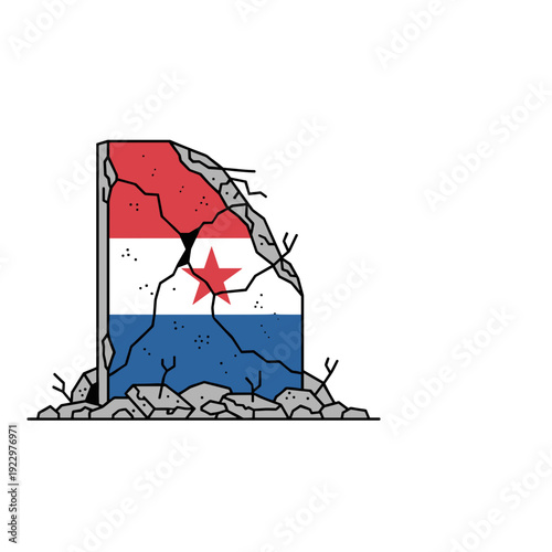 National flag painted on cracked destroyed building wall isolated on white background. Concept of resilience and conflict aftermath