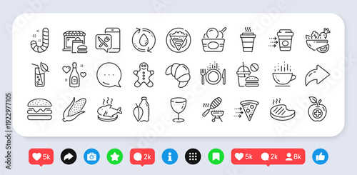 Food, Corn and Candy line icons pack. Social media: share, comment, like icons. Croissant, Coffee delivery, Takeaway web icon. Fish dish, Fish grill, Refill water pictogram. Vector
