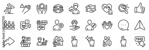 Cyber attack, Dont touch and Fake information line icons pack. Share, Message, Paper plane icons. Security, Pets care, Delivery man web icon. Hold heart, Vision test, Communication pictogram. Vector