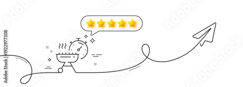 Grill time line icon. Continuous line with share plane. Barbecue cooker for cooking food sign. Hot meat brazier symbol. Five star rate review in speech bubble. Grill time single line ribbon. Vector