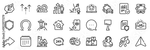 24h service, Swipe up and Voicemail line icons pack. Share, Message, Paper plane icons. Augmented reality, Inspect, Calendar web icon. Bus, Delivery service, Wholesale inventory pictogram. Vector